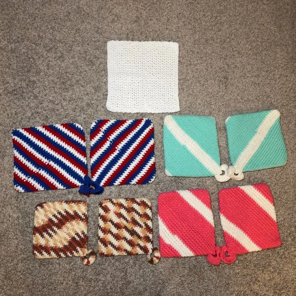 Hand Crochet Hot Pads Pink Blue Brown USA Kitchen Farmhouse Cottage LOT of 9